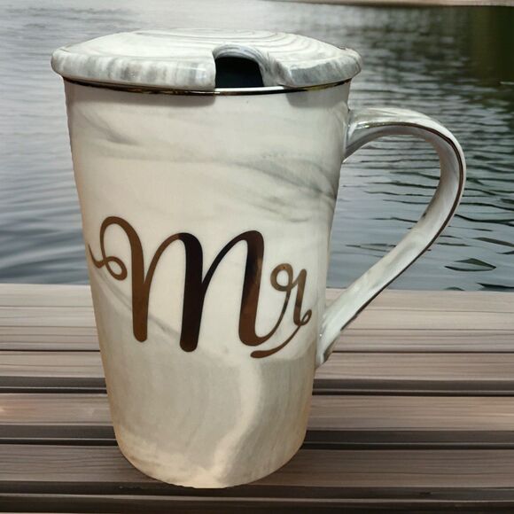 'Mens" Coffee Grey Swirl Ceramic Mug With cover And Gold Colored, HandMade !!! - Picture 2 of 16